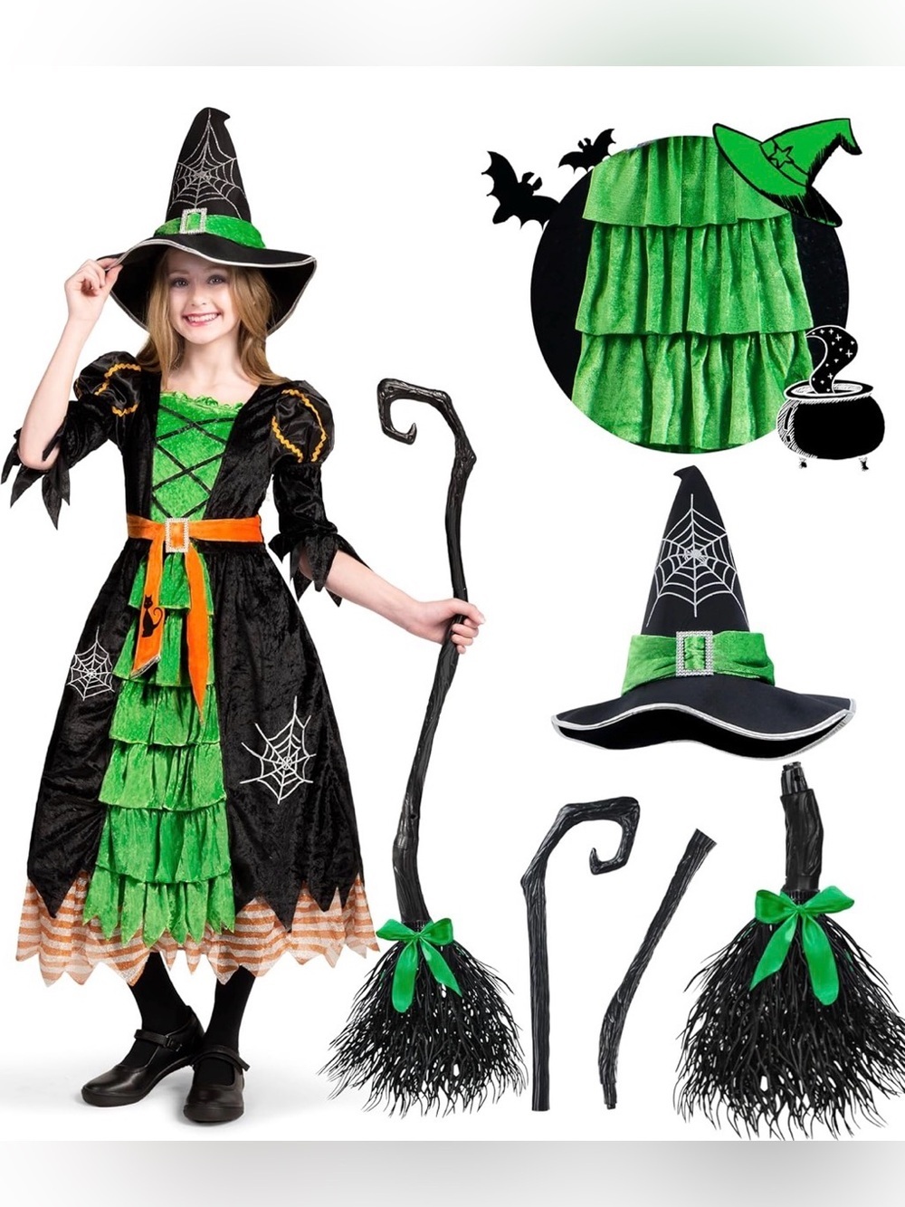 NWT Green & Black Witch Costume Halloween Dress, Hat & Broom sz L (10-12 years)